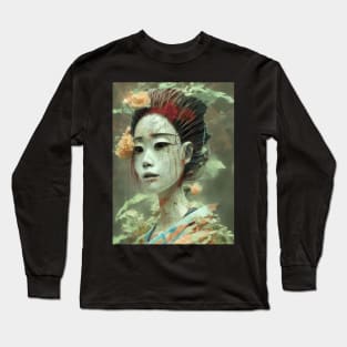 Japanese Geisha Girl Ghost with Flowers Long Sleeve T-Shirt